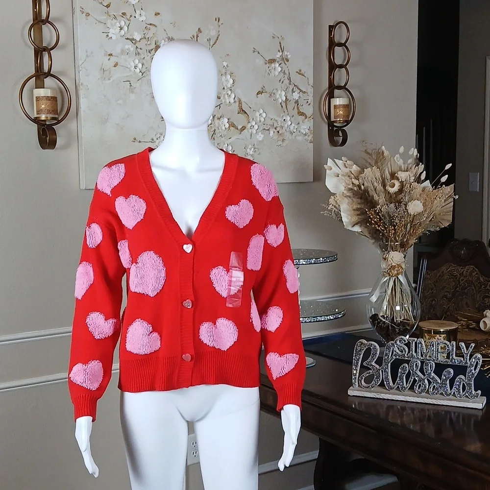 New Red And Pink V-Neck Embellished Cardigan With Heart Shape Buttons. XXS - Picture 6 of 17